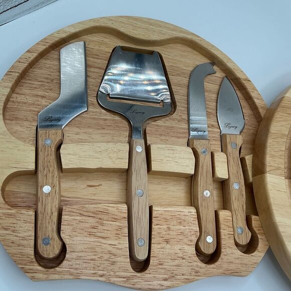 NEW Round Solid Oak Swivel Cheese Board & Knives by Legacy 5pc Set - Picture 4 of 6